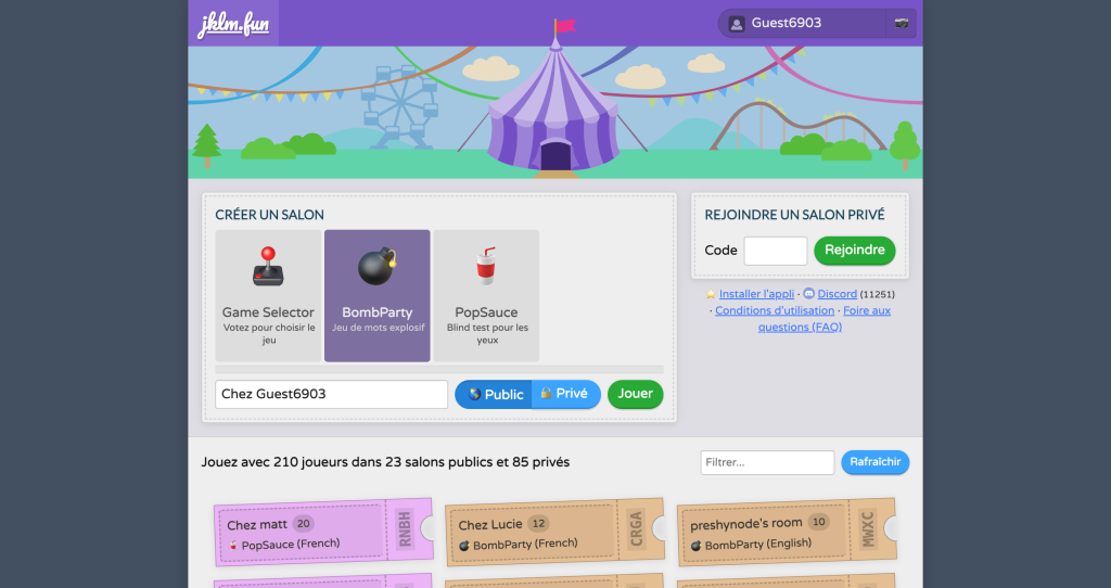 Création d'un salon de jeu BombParty