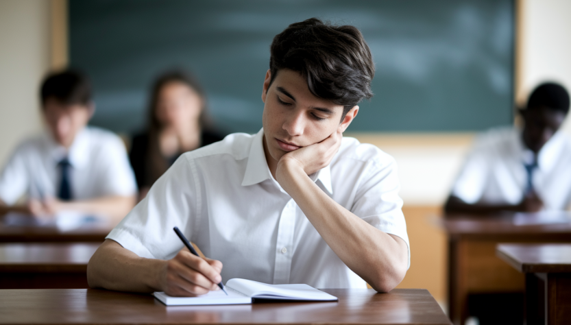eleve-ecrivant-bureau-bois-cahier
